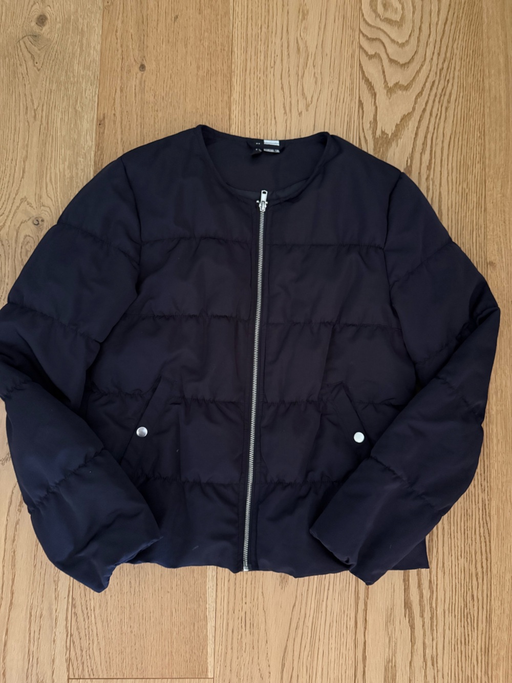 Divided Black Quilted Collarless Puffer Jacket with Silver Zip